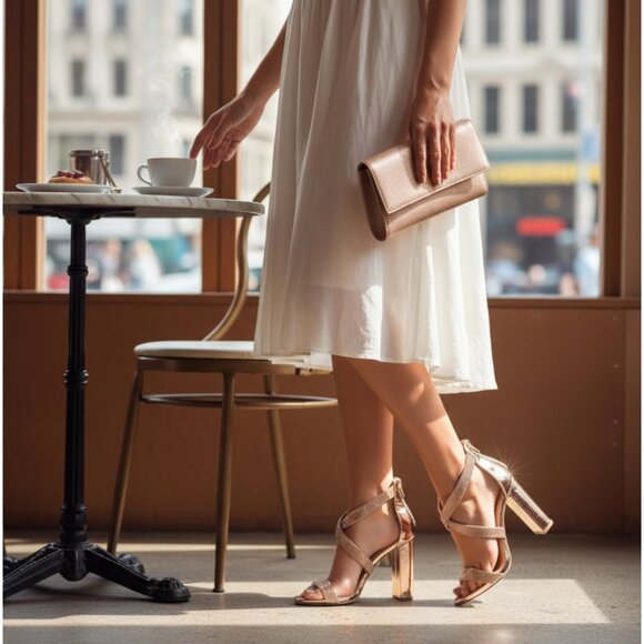 Windsor ✦ Glitzy Rhinestone Chrome Block Heels ✦ Rose Gold Almond Toe 8.5 NWT - Picture 7 of 10